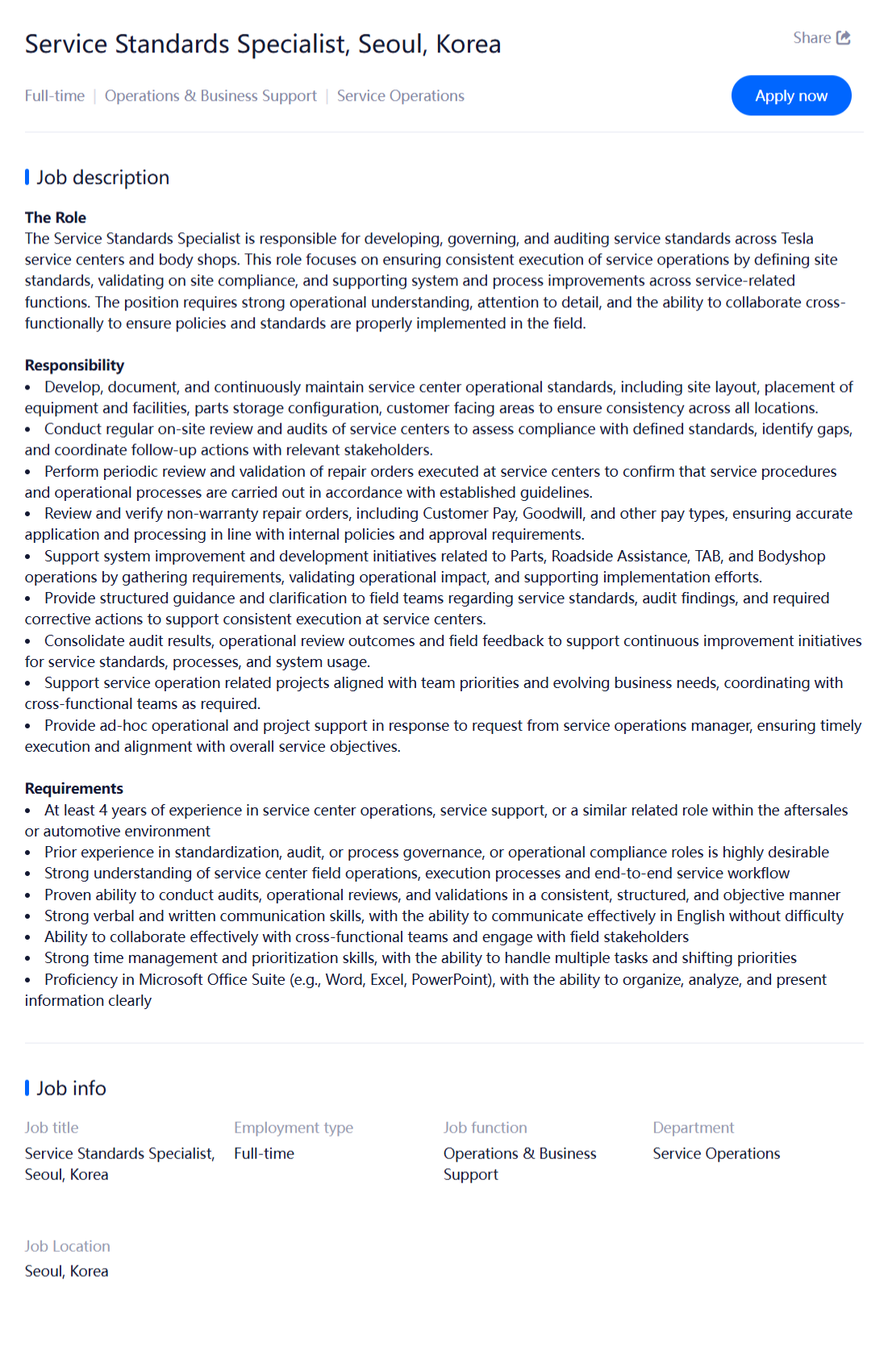 [TESLA] 테슬라코리아 채용(Operations & Business Support부문)