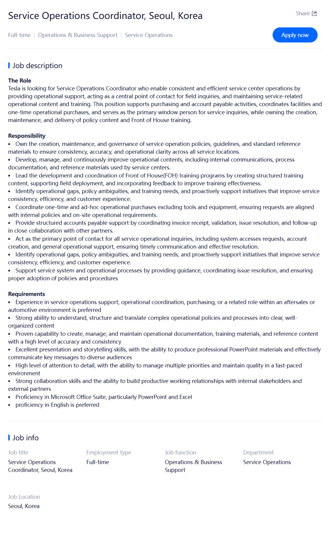 [TESLA] 테슬라코리아 채용(Operations & Business Support부문)