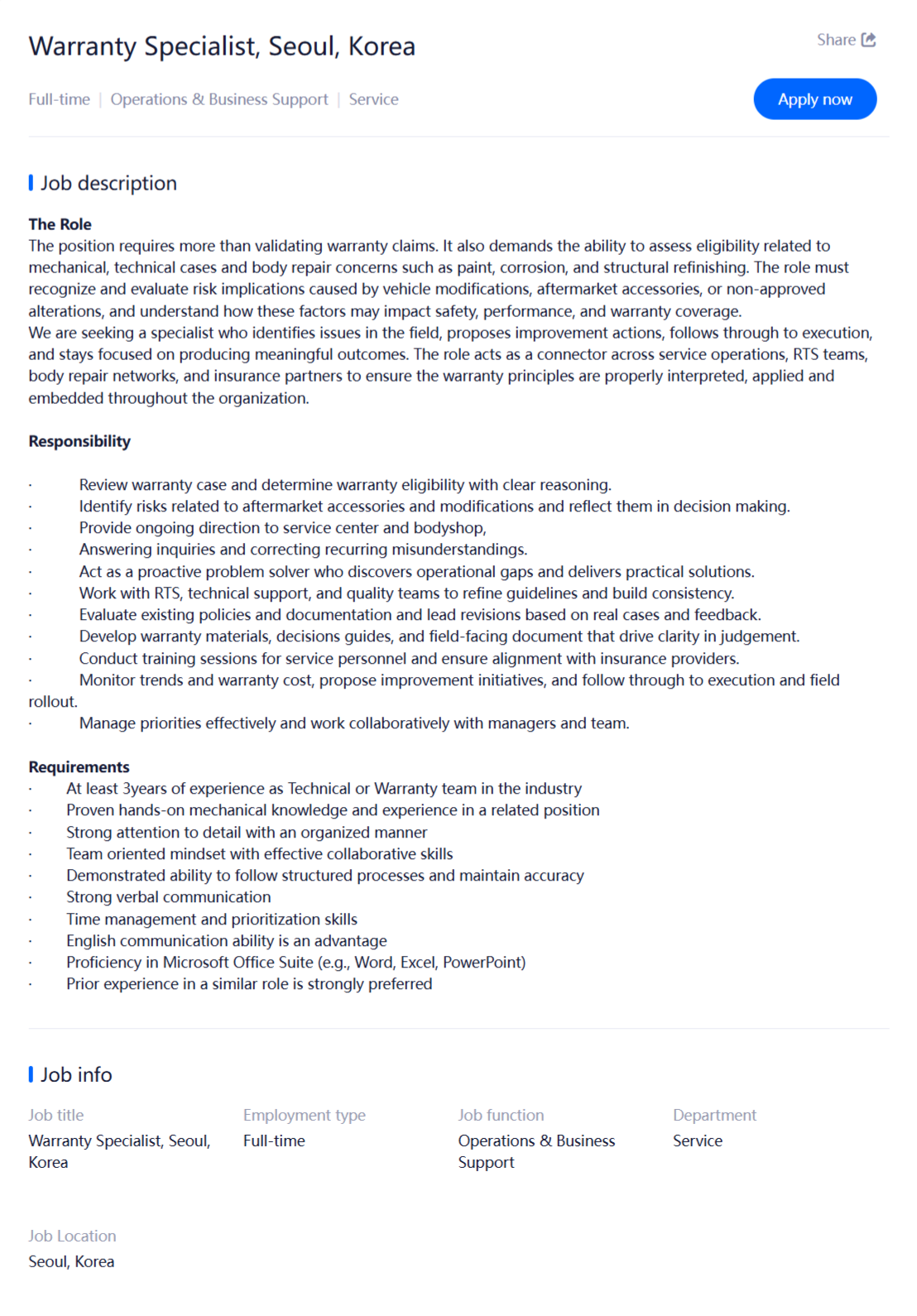 [TESLA] 테슬라코리아 채용(Operations & Business Support부문)