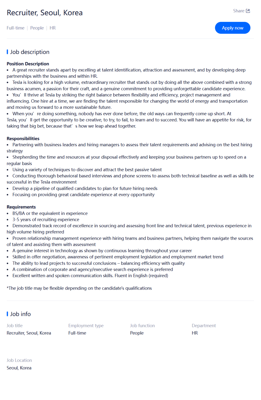 [TESLA] 테슬라코리아 채용(Backoffice 사무 및 IT부문)