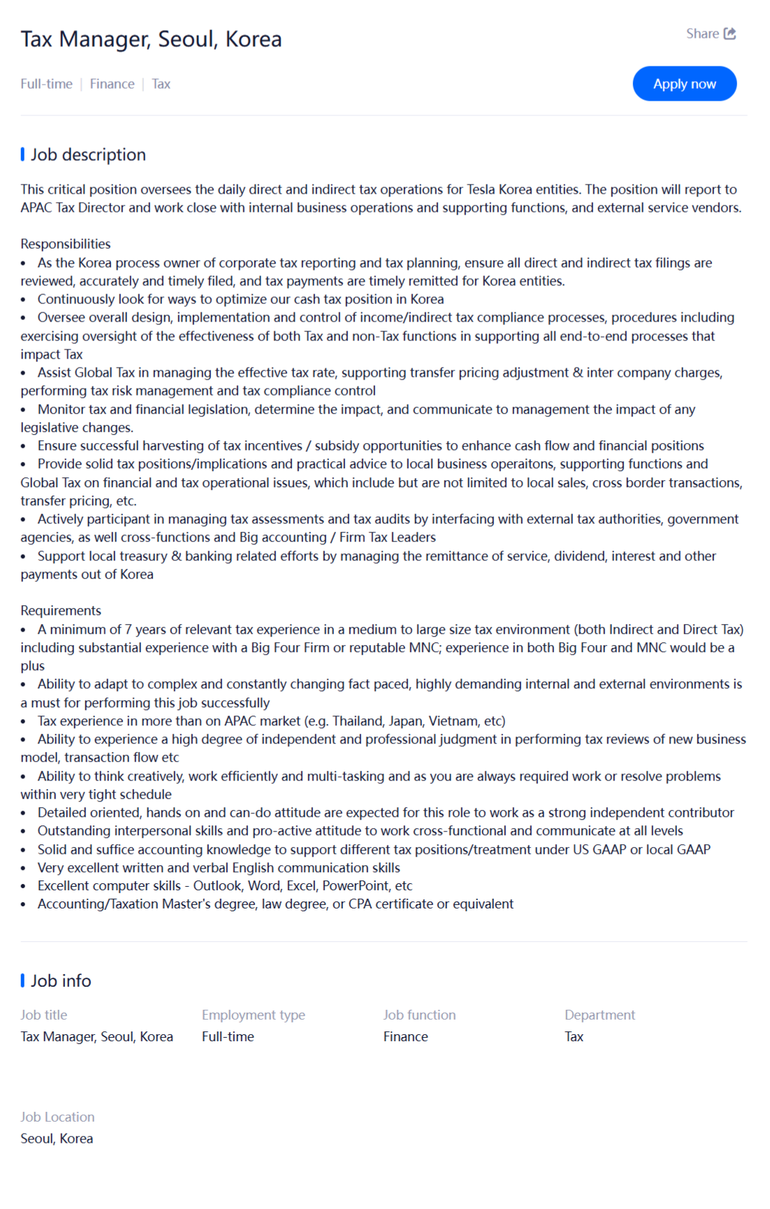 [TESLA] 테슬라코리아 채용(Backoffice 사무 및 IT부문)