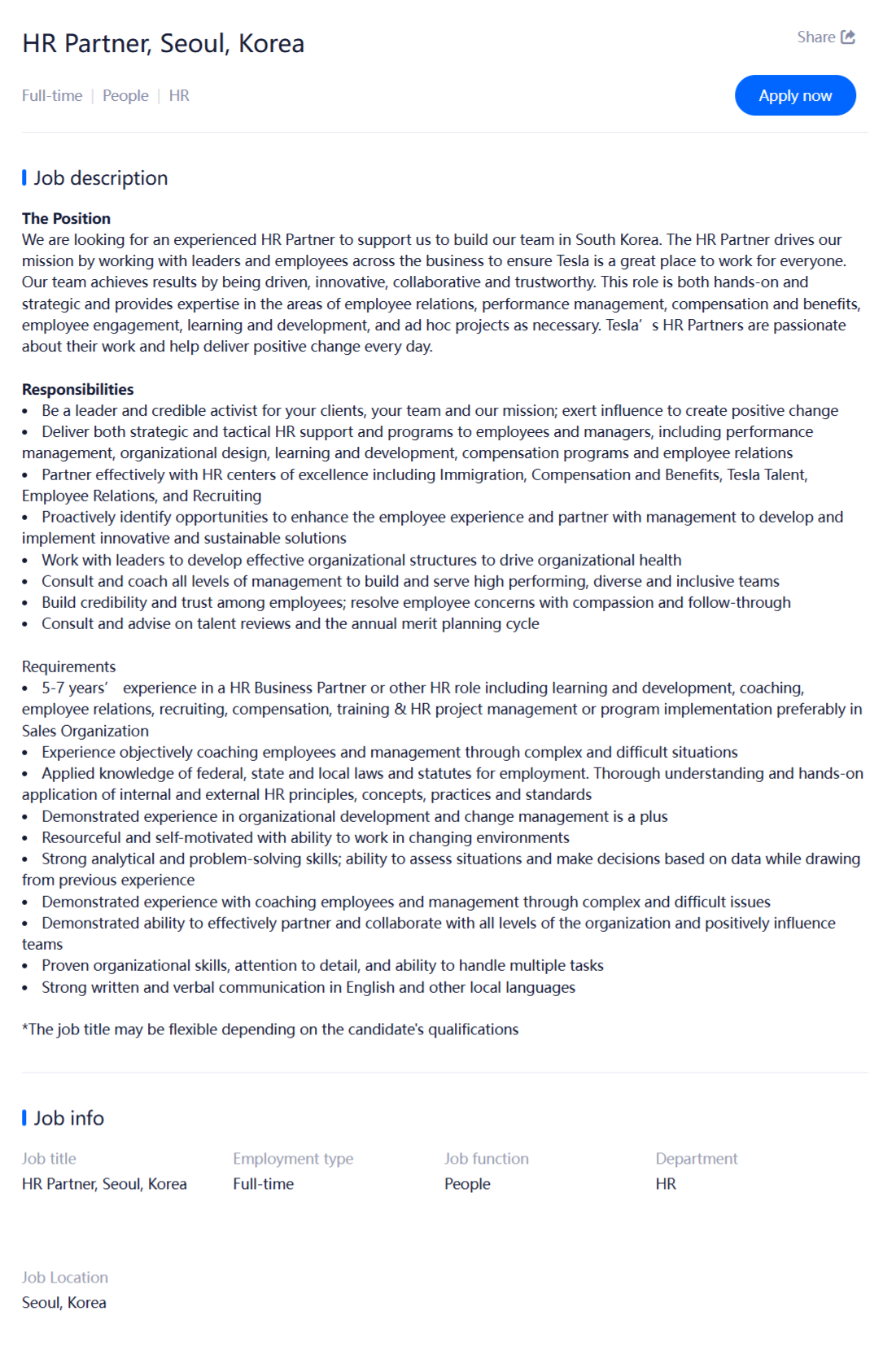 [TESLA] 테슬라코리아 채용(Backoffice 사무 및 IT부문)