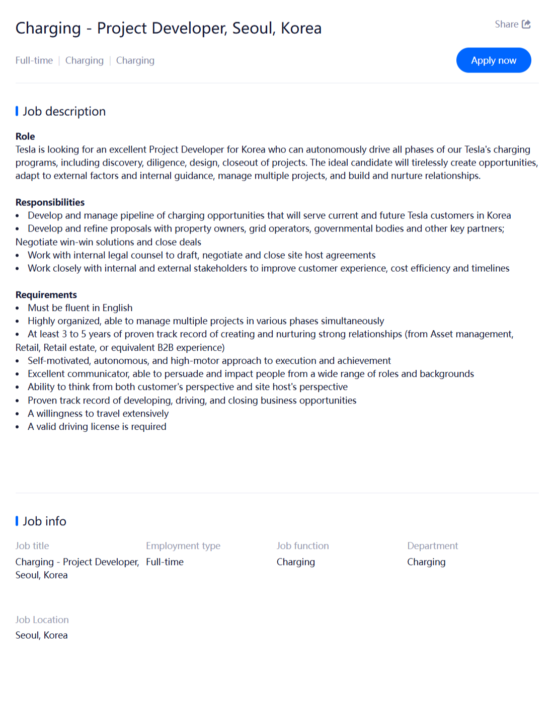 [TESLA] 테슬라코리아 채용(Backoffice 사무 및 IT부문)