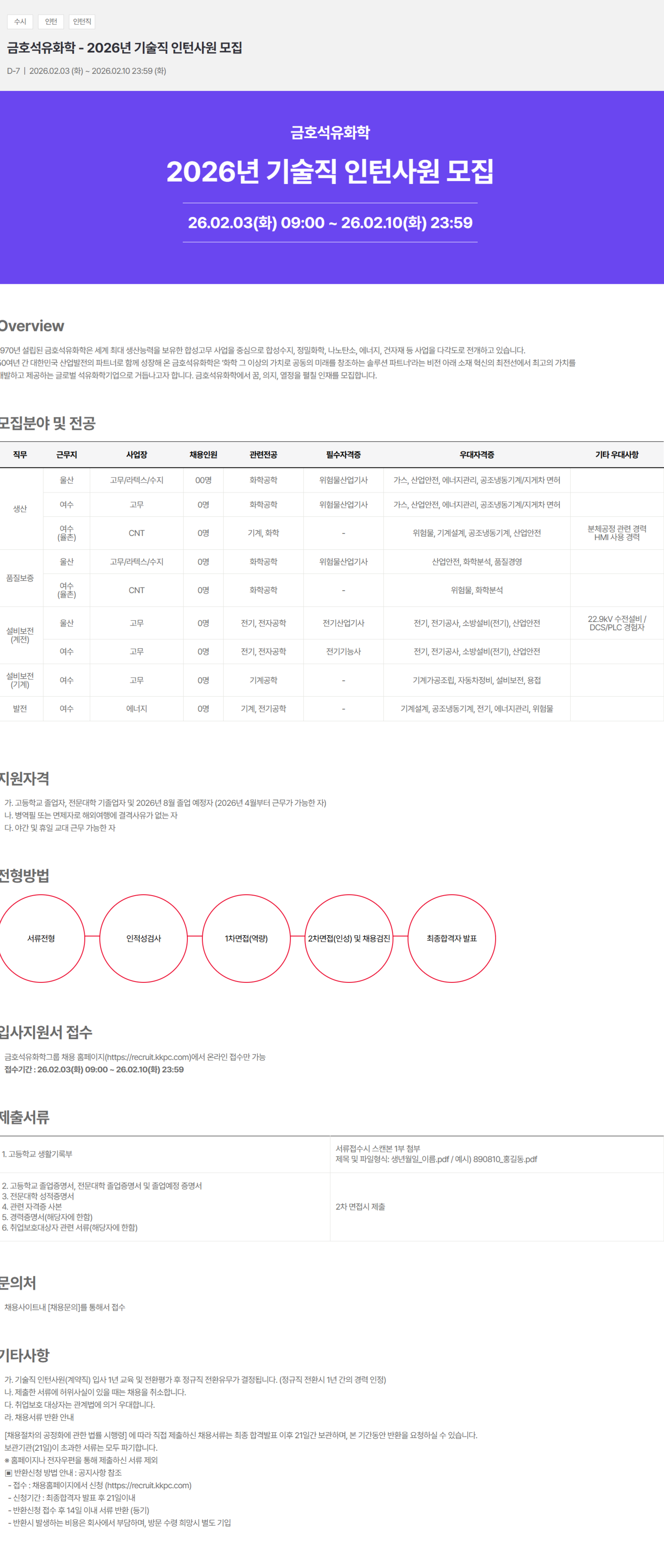 [금호석유화학] 2026년 기술직 인턴사원 채용(정규직전환가능)
