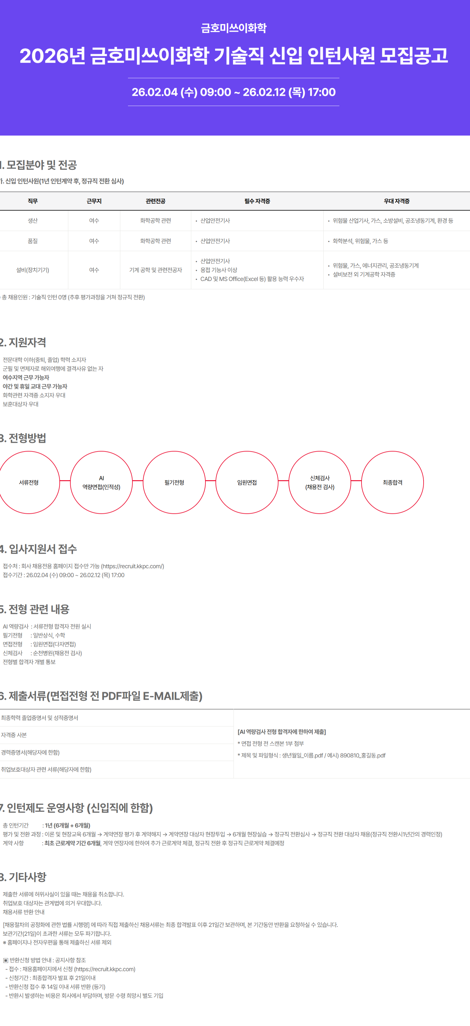 [금호미쓰이화학] 2026년 기술직 신입 인턴사원 모집