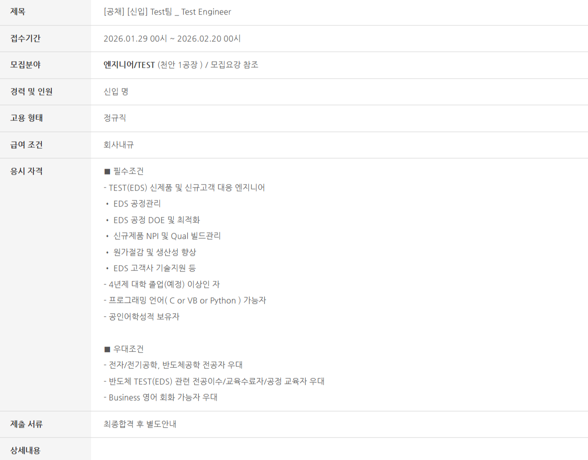 [SFA반도체] Test부문 엔지니어 공개채용(신입)