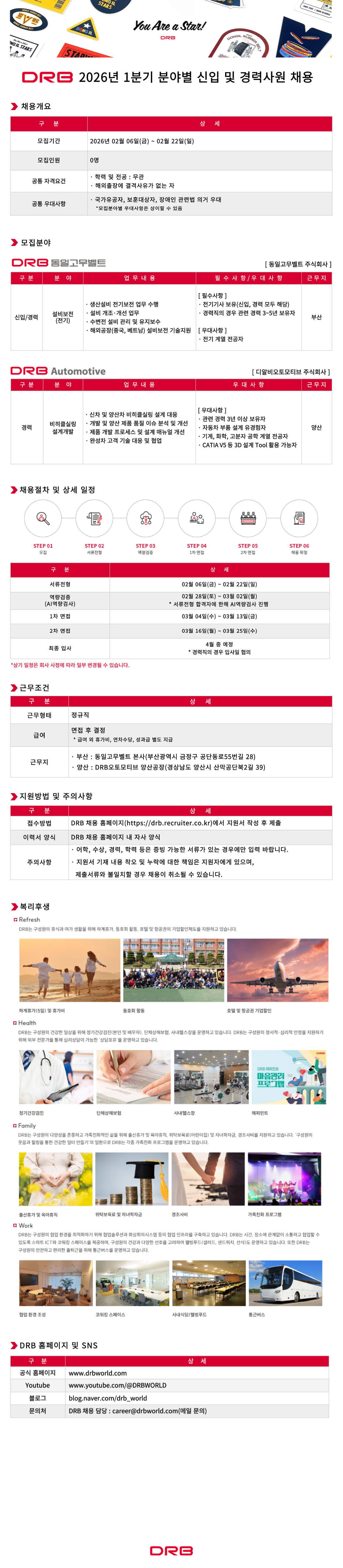 [DRB동일] 2026년 1분기 분야별 신입 및 경력사원 채용