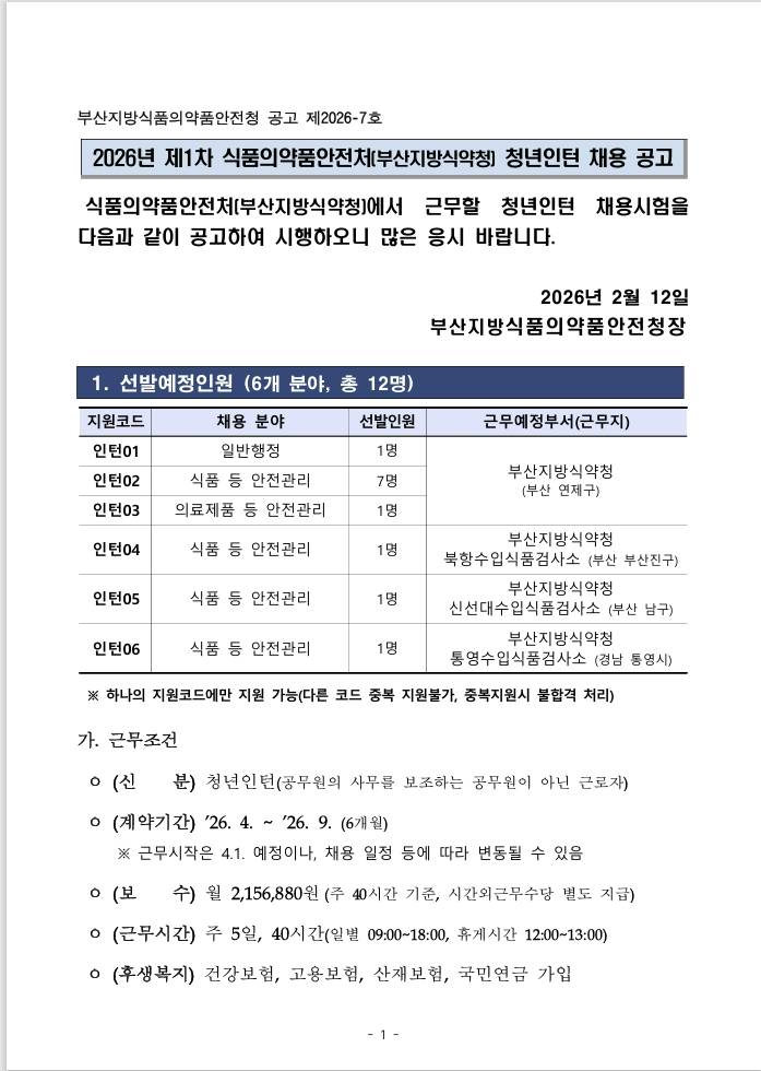 [부산지방식품의약품안전청] 2026년 제1차 식품의약품안전처(부산지방식약청) 청년인턴 채용 공고