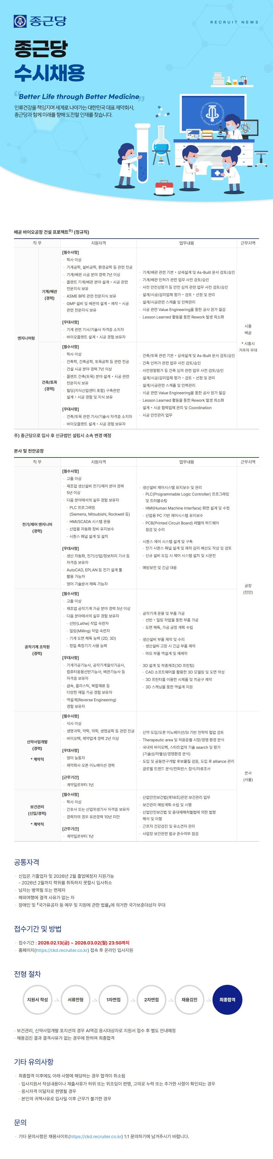 [종근당] 배곧 바이오공장 건설 프로젝트(기계/배관, 건축/토목)(경력)