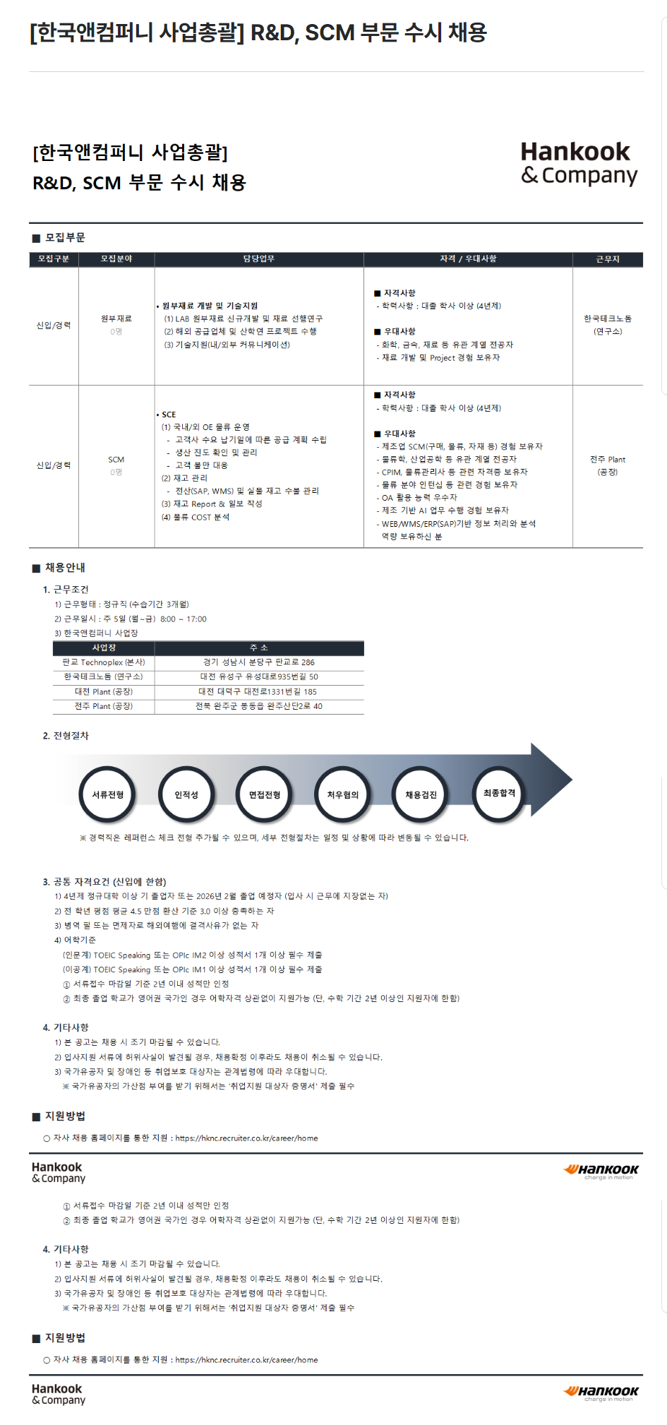 [한국앤컴퍼니] [사업총괄] R&D, SCM 부문 수시 채용