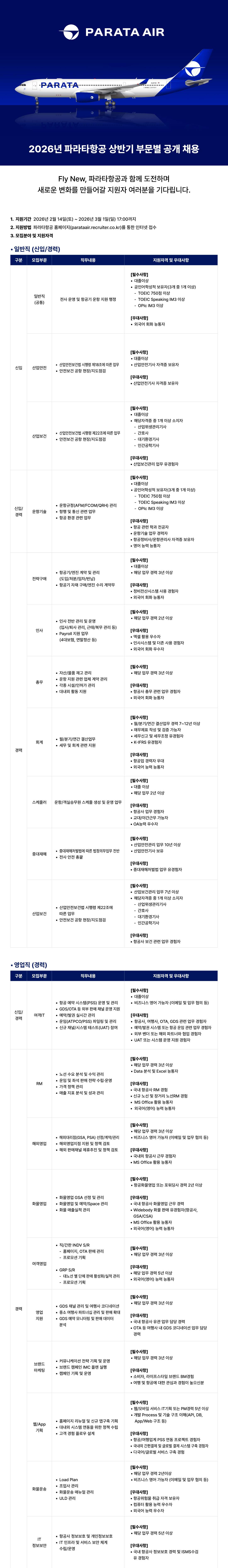 [파라타항공] 2026년 상반기 일반직 공개 채용(신입/경력)