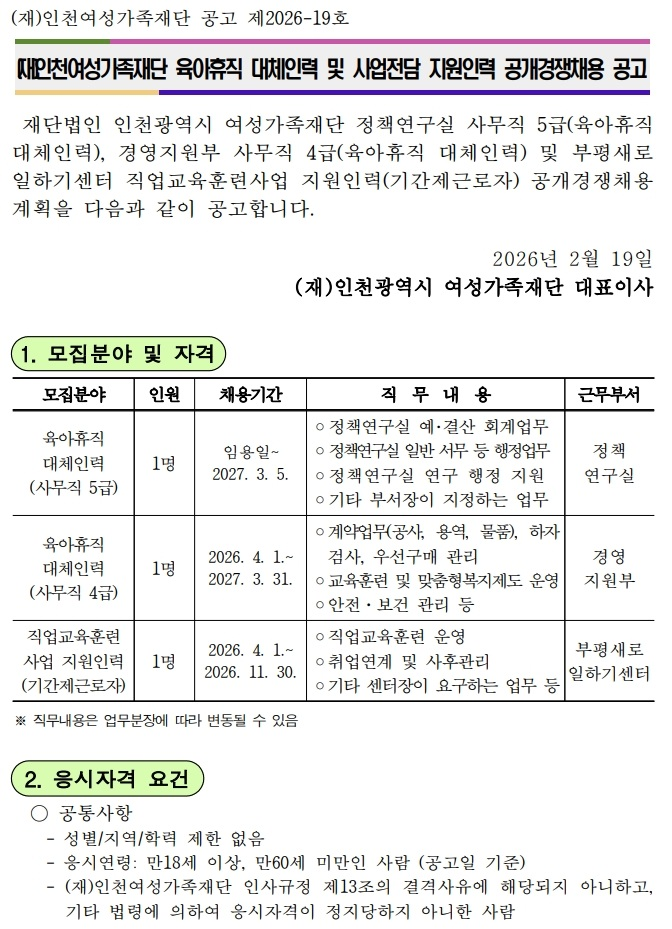 [인천여성가족재단] 부평새일센터 직업훈련교육사업 전담 지원인력(기간제근로자) 공개경쟁채용 공고