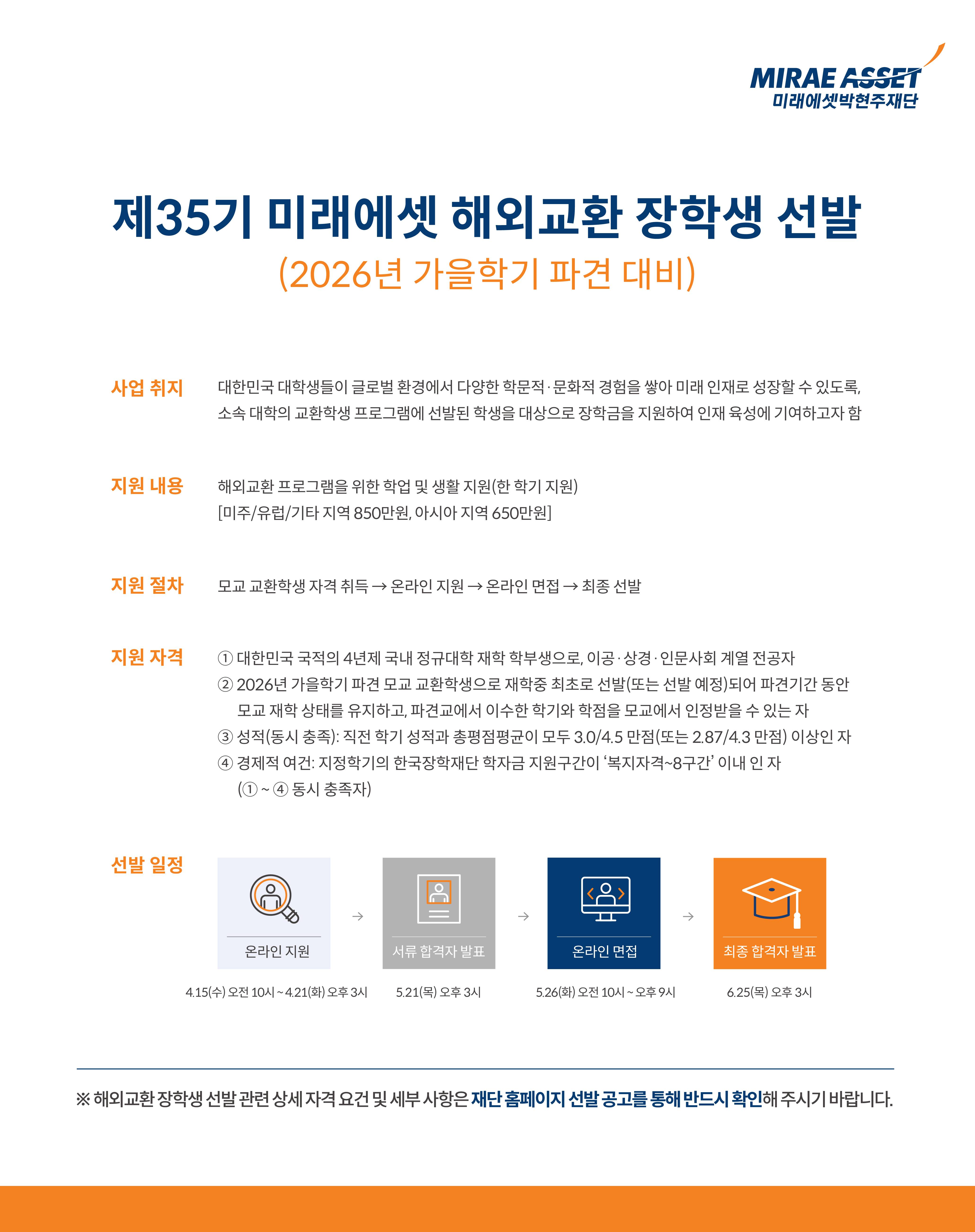 [미래에셋박현주재단] 제35기 미래에셋 해외교환 장학생 모집