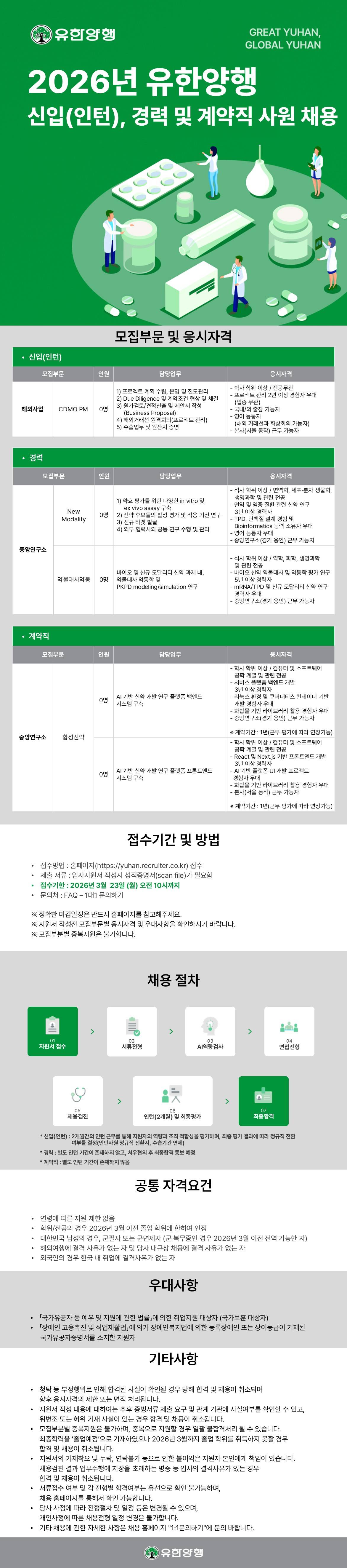 [유한양행] 2026년도 신입(인턴), 경력, 계약직 사원 채용