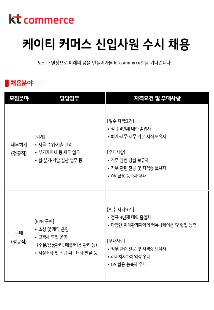 [kt commerce] 2026년 신입사원 수시채용 (재무회계, 구매)