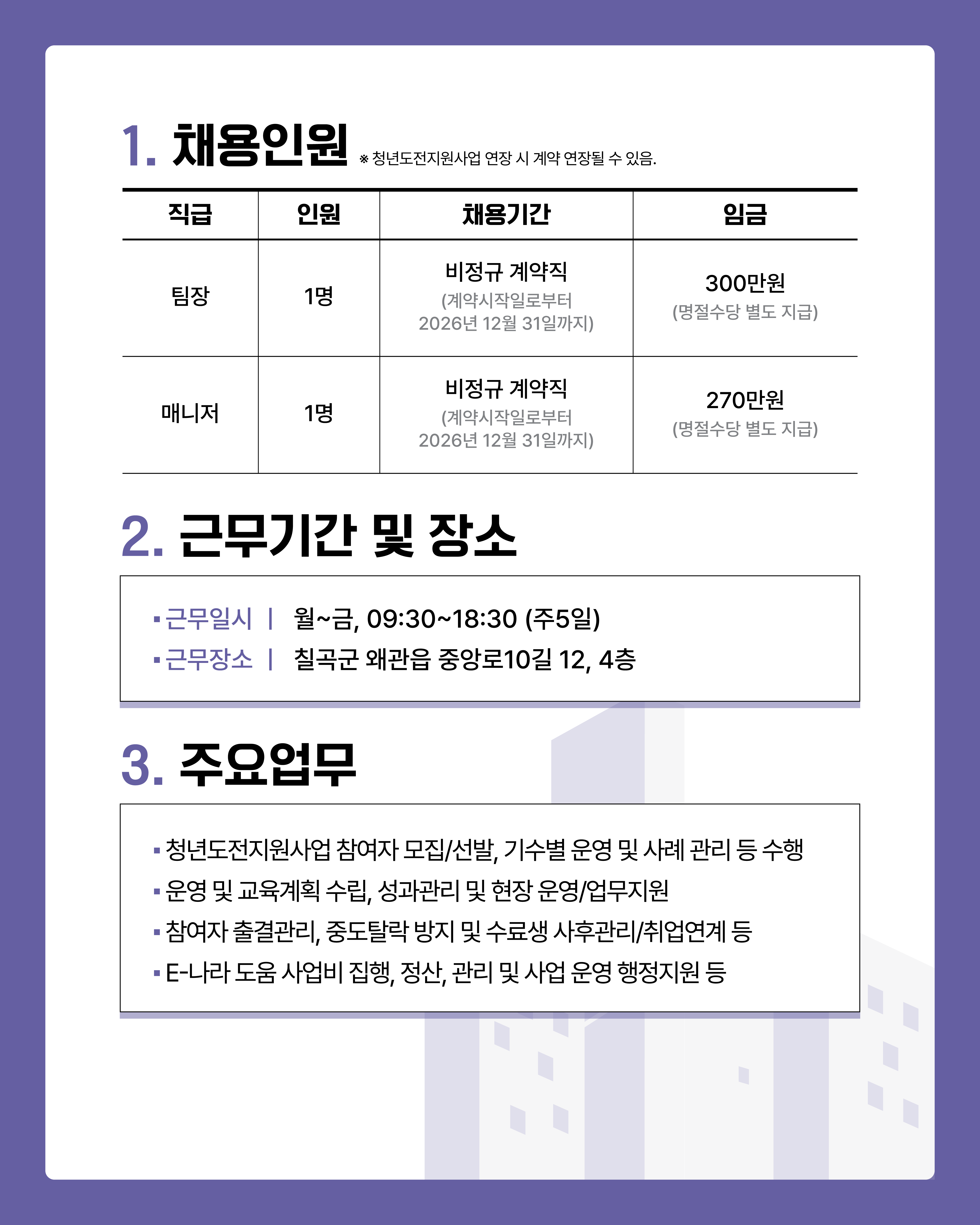 2026 칠곡군 청년도전지원사업 운영센터 매니저 채용