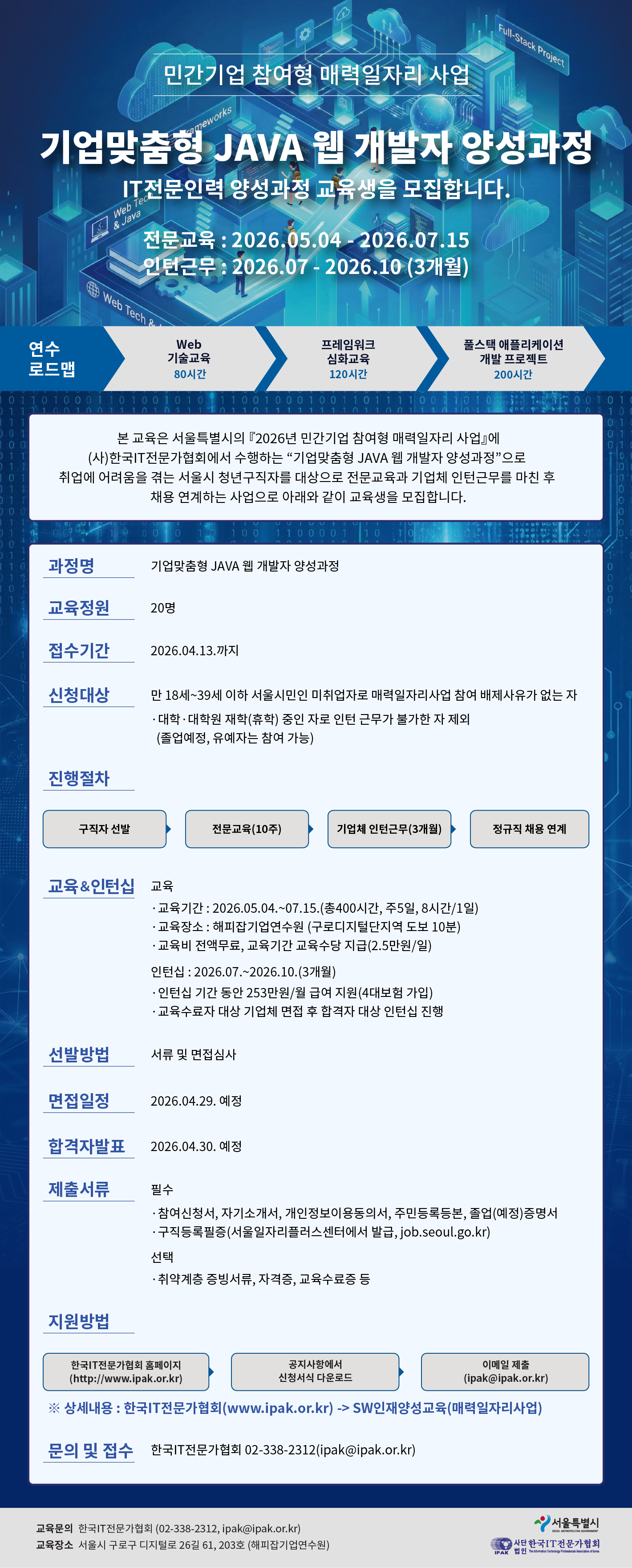 [2026 서울시 매력일자리] 기업 맞춤형 자바(JAVA) 웹 개발자 양성 과정 교육생 모집