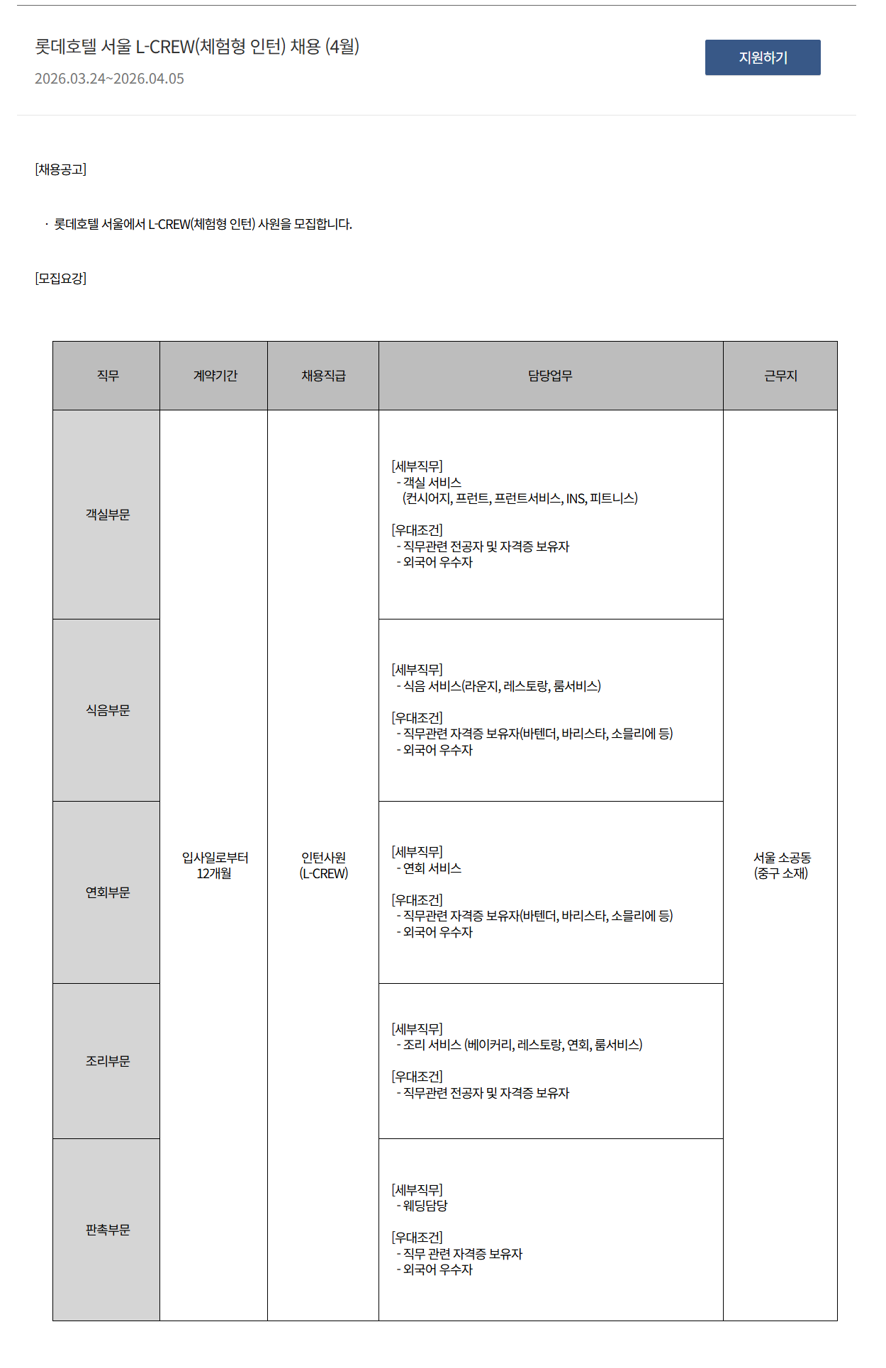 [호텔롯데] 롯데호텔 서울 L-CREW(체험형 인턴) 채용 (4월)