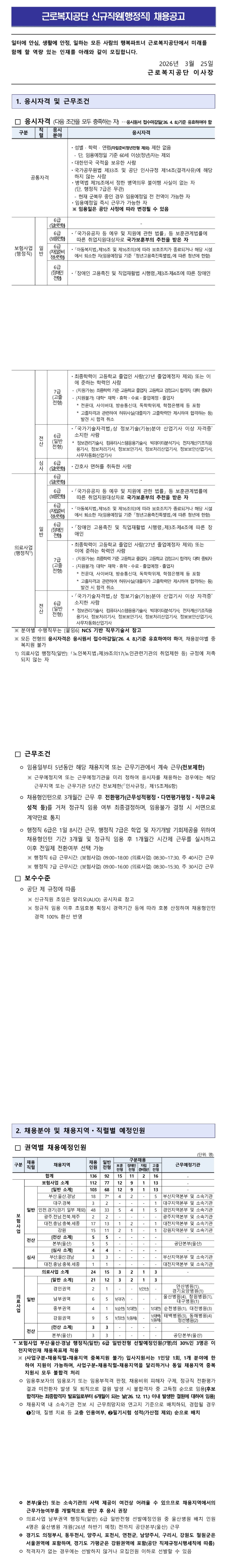 [근로복지공단] 신규직원 (행정직) 채용공고