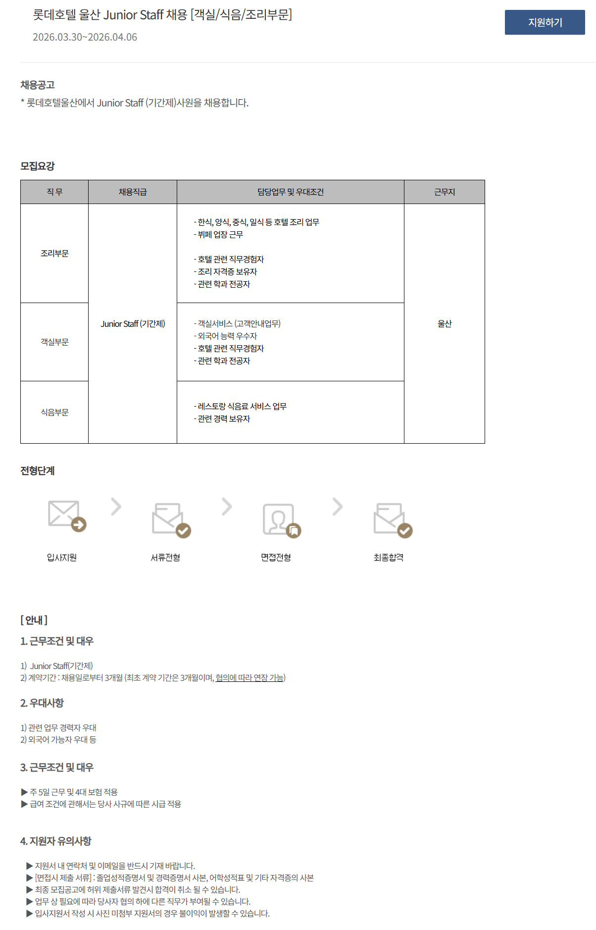 [호텔롯데] 롯데호텔 울산 Junior Staff 채용 [객실/식음/조리부문]
