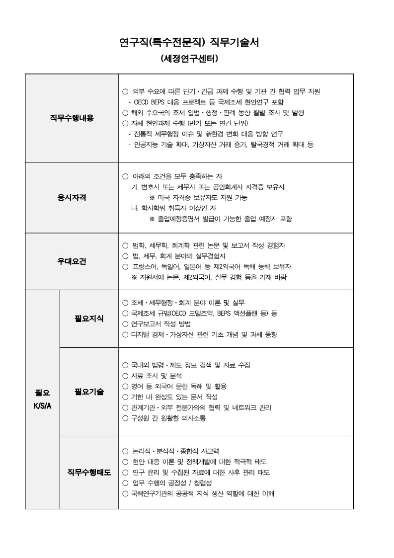 [한국조세재정연구원] 연구직(연구원,특수전문직) 신규인력채용