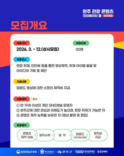 [완주문화재단] 완주 관광 콘텐츠 크리에이터 풀(pool) 상시모집