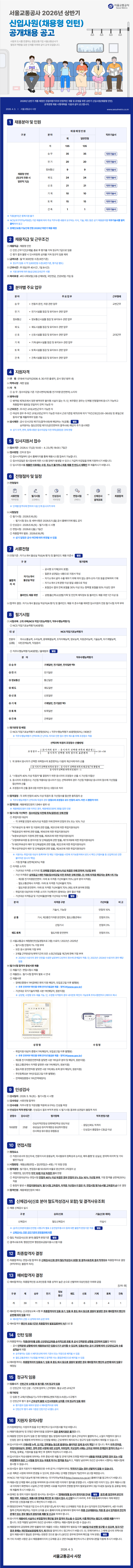 [서울교통공사] 정규직 신입(승무, 전기, 전보통신, 궤도, 신호 등) 채용(~04/23)
