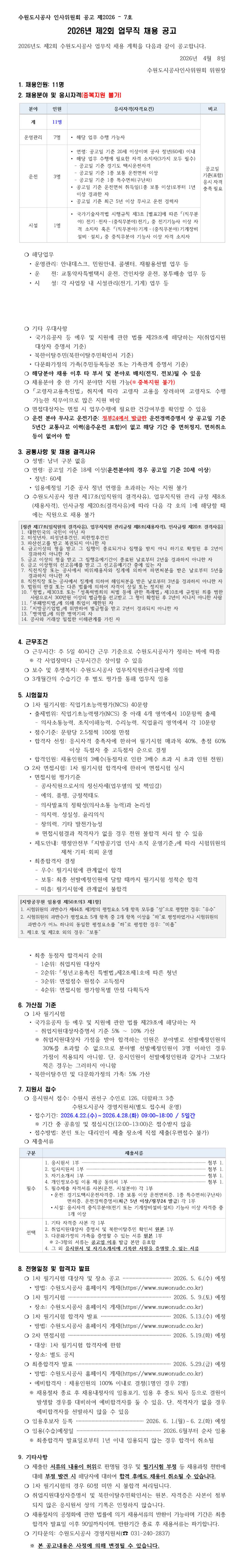 [수원도시공사] 2026년 제2회 업무직 직원 채용
