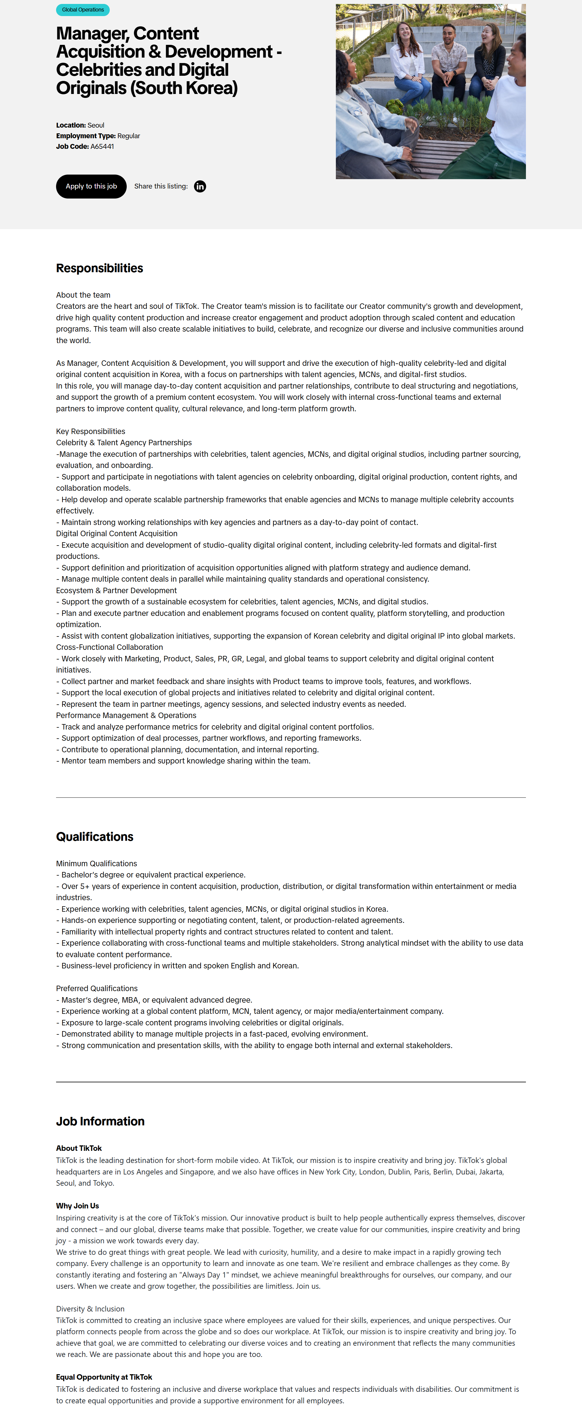 [틱톡] Manager, Content Acquisition & Development - Celebrities and Digital Originals (South Korea)
