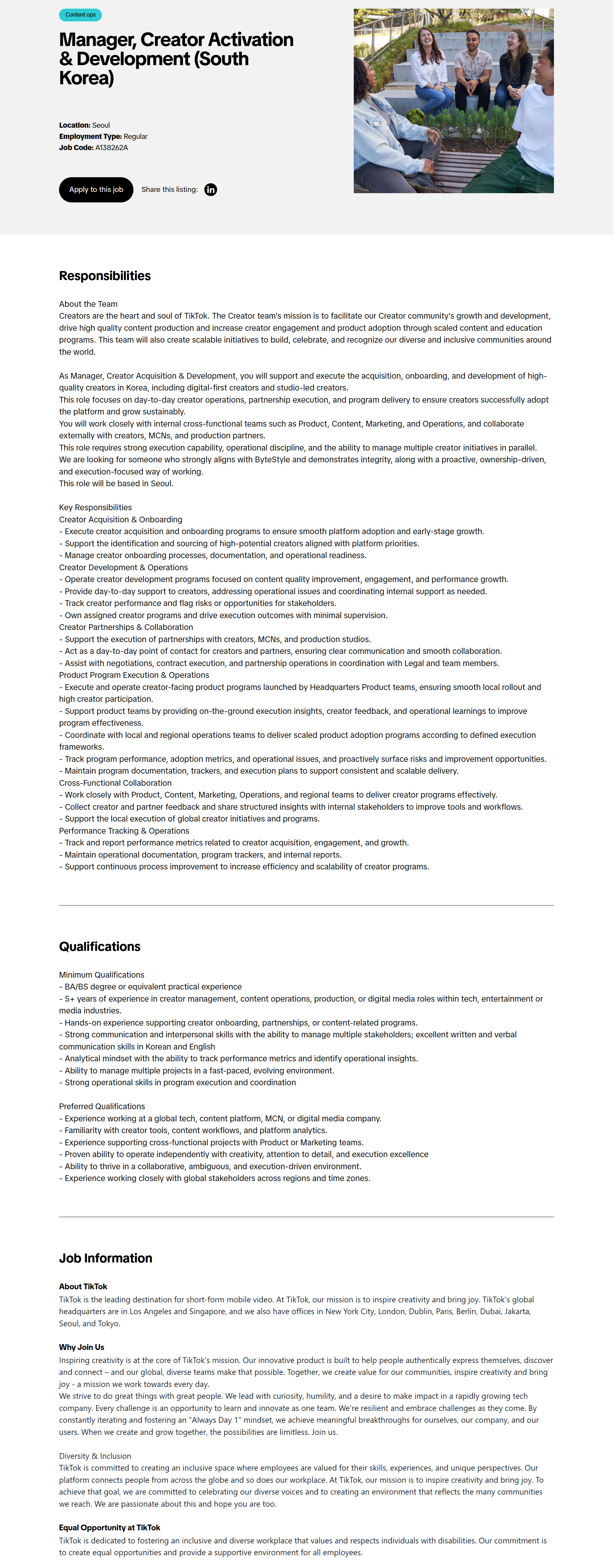 [틱톡] Manager, Creator Activation & Development (South Korea)