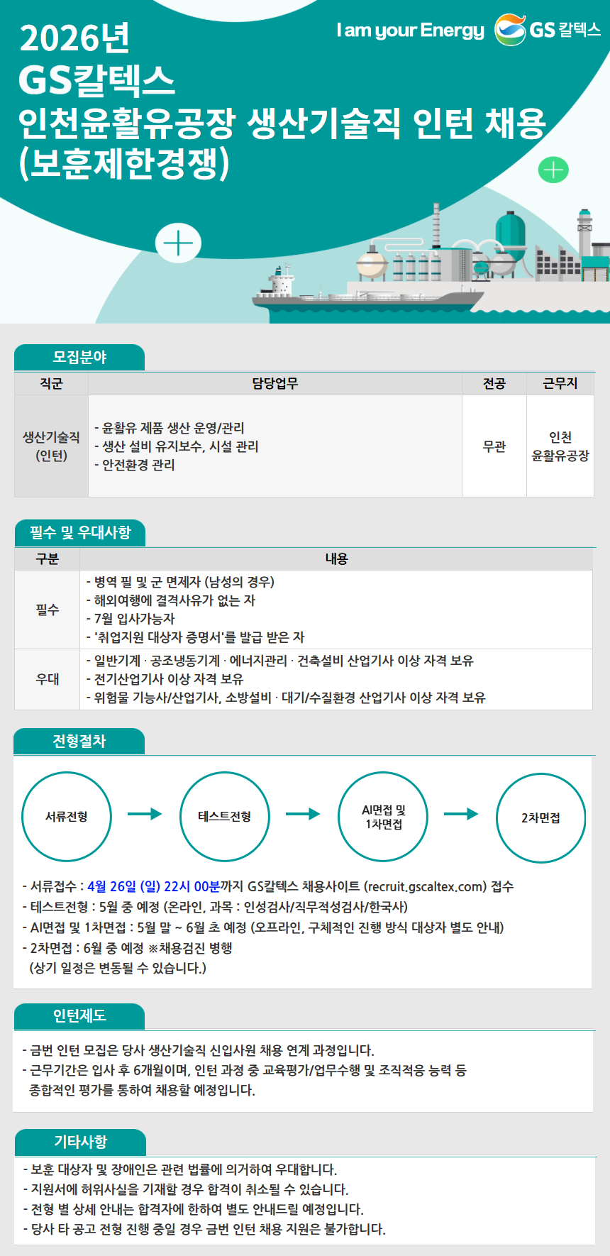 [GS칼텍스] 2026년 인천윤활유공장 생산기술직 인턴 채용 (~04/26)