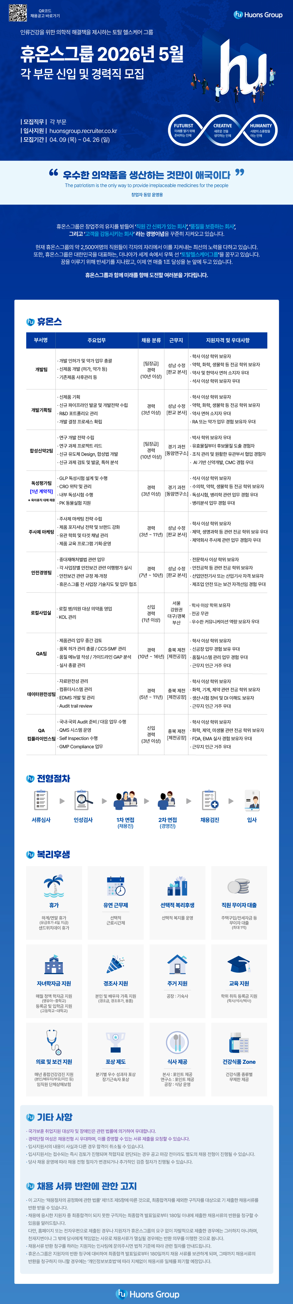 [휴온스그룹] 2026년 5월 각 부문 신입 및 경력 채용 (~04/26)