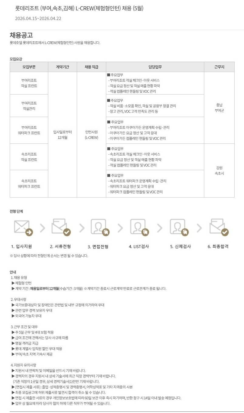 [호텔롯데 롯데리조트] (부여,속초,김해) L-CREW(체험형인턴) 채용 (5월)