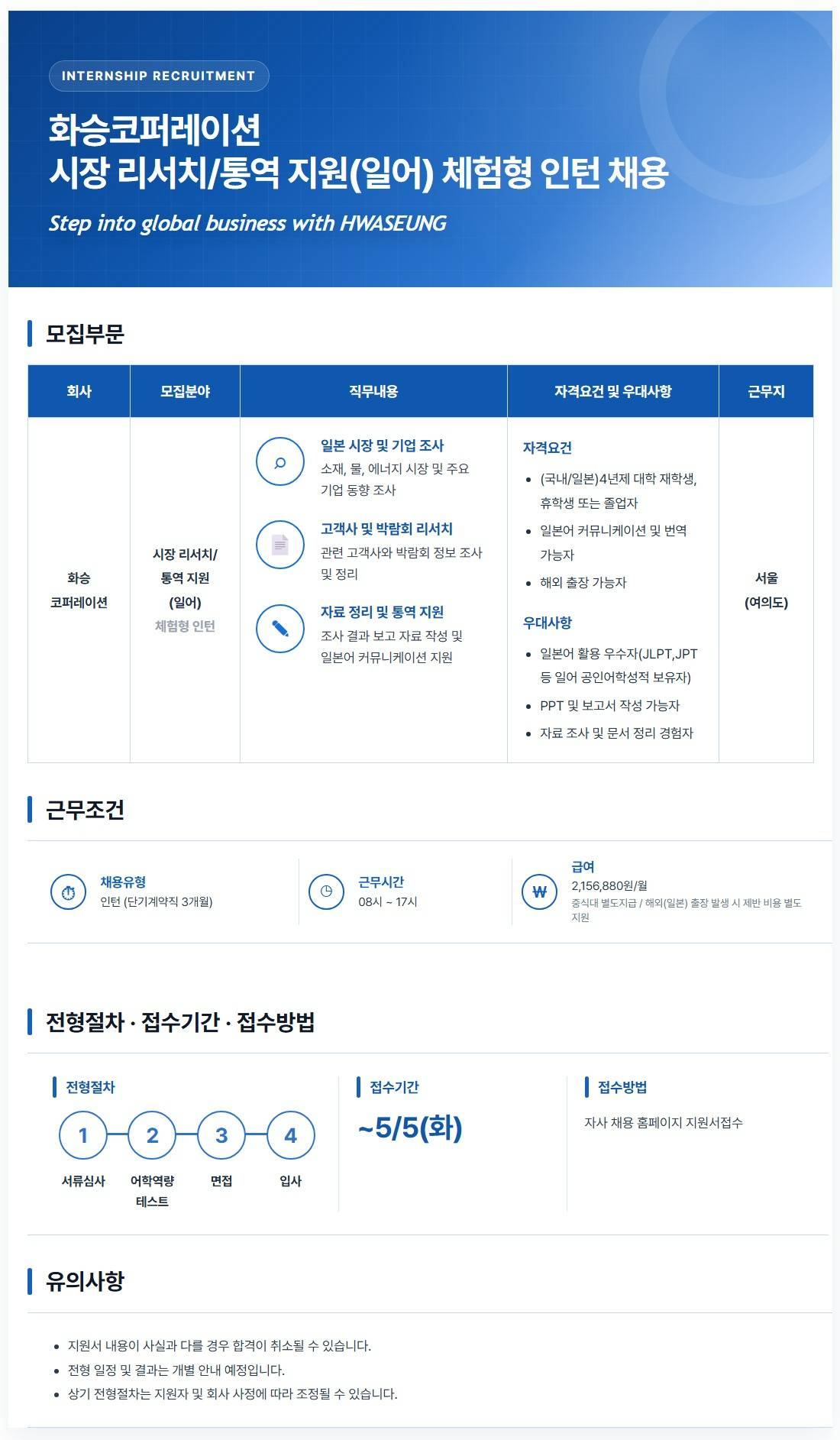 [화승코퍼레이션] 리서치/통역지원(일어) 체험형 인턴 채용
