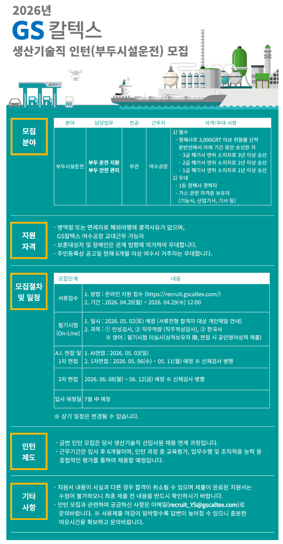 [GS칼텍스] 2026년 생산기술직 인턴(부두시설운전원) 채용 (~04/29)