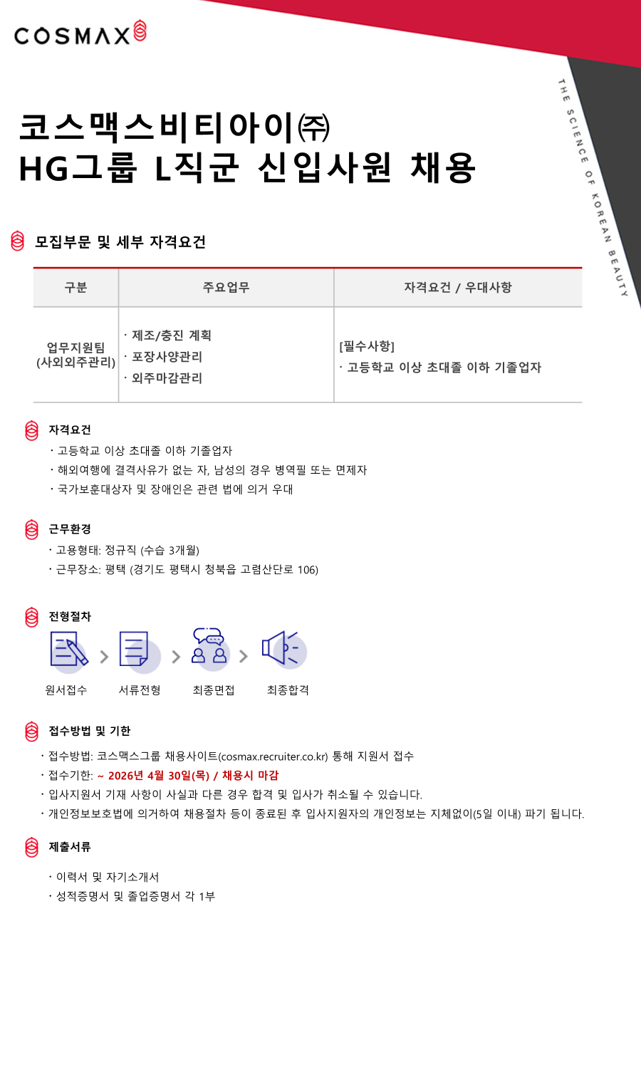 [코스맥스비티아이] HG그룹 L직군 신입사원 채용