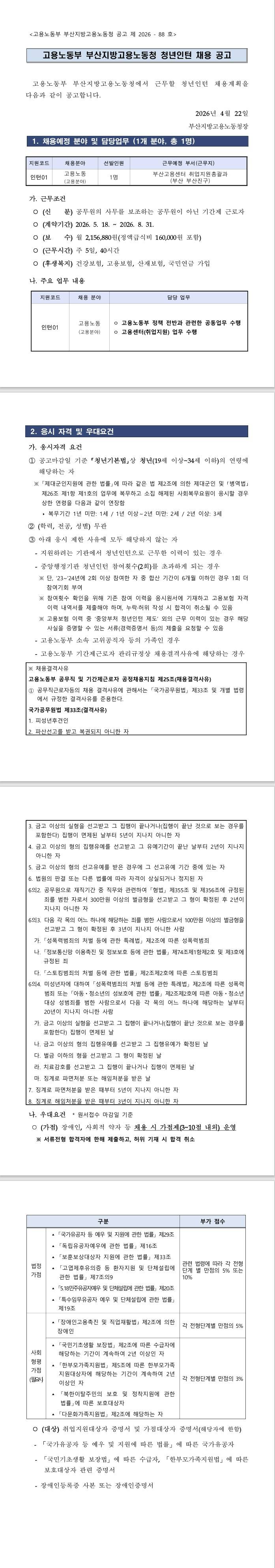 [부산지방고용노동청] 2026년 고용노동부 부산지방고용노동청 청년인턴 (추가)채용 공고