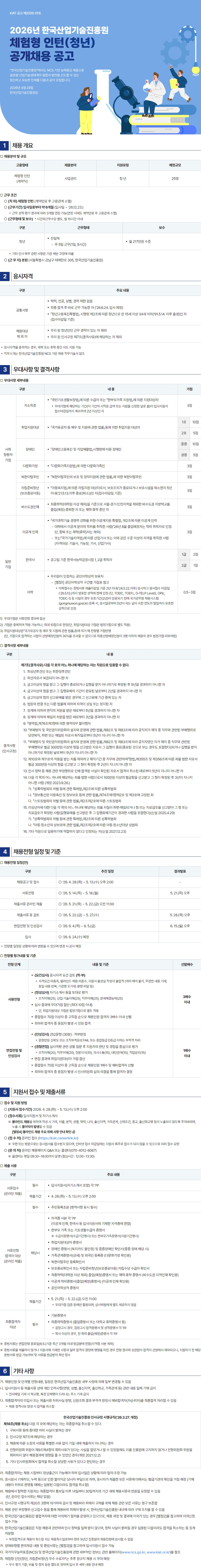 [한국산업기술진흥원] 2026년 체험형 인턴(청년) 공개채용