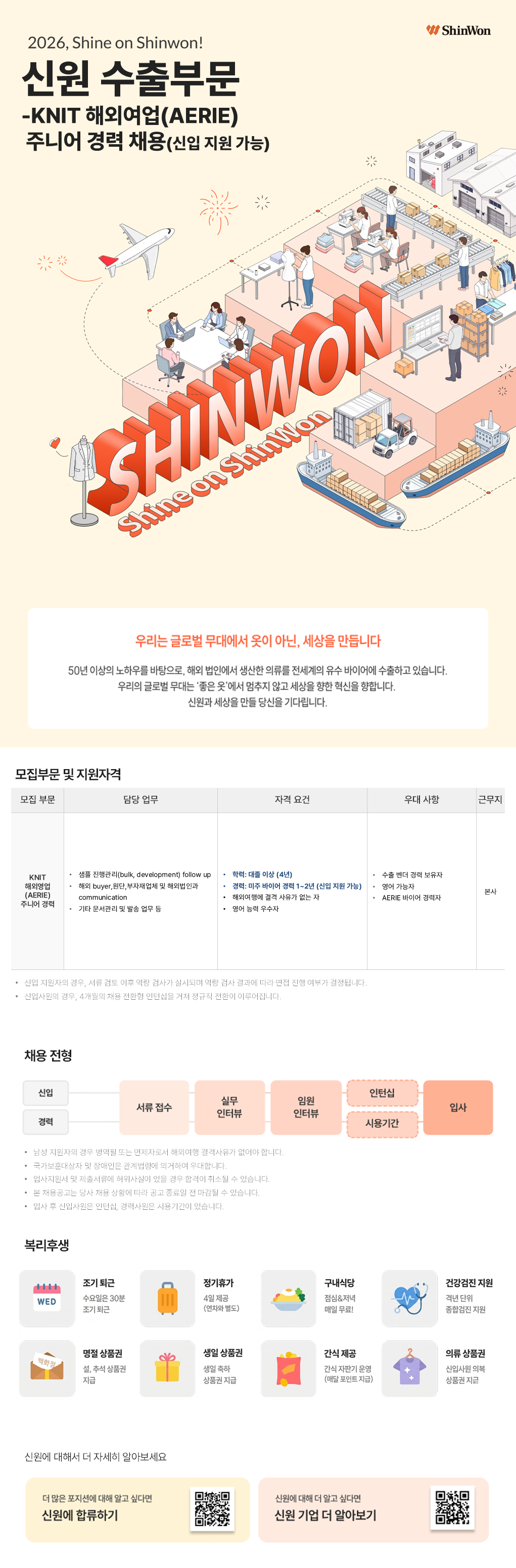 [신원] 수출부문 KNIT 해외영업(AERIE) 주니어 경력 채용