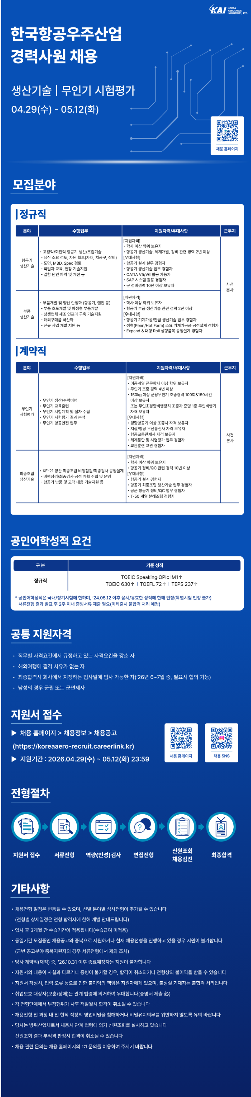 [한국항공우주산업] 생산기술/무인기 시험평가 분야 경력사원 채용