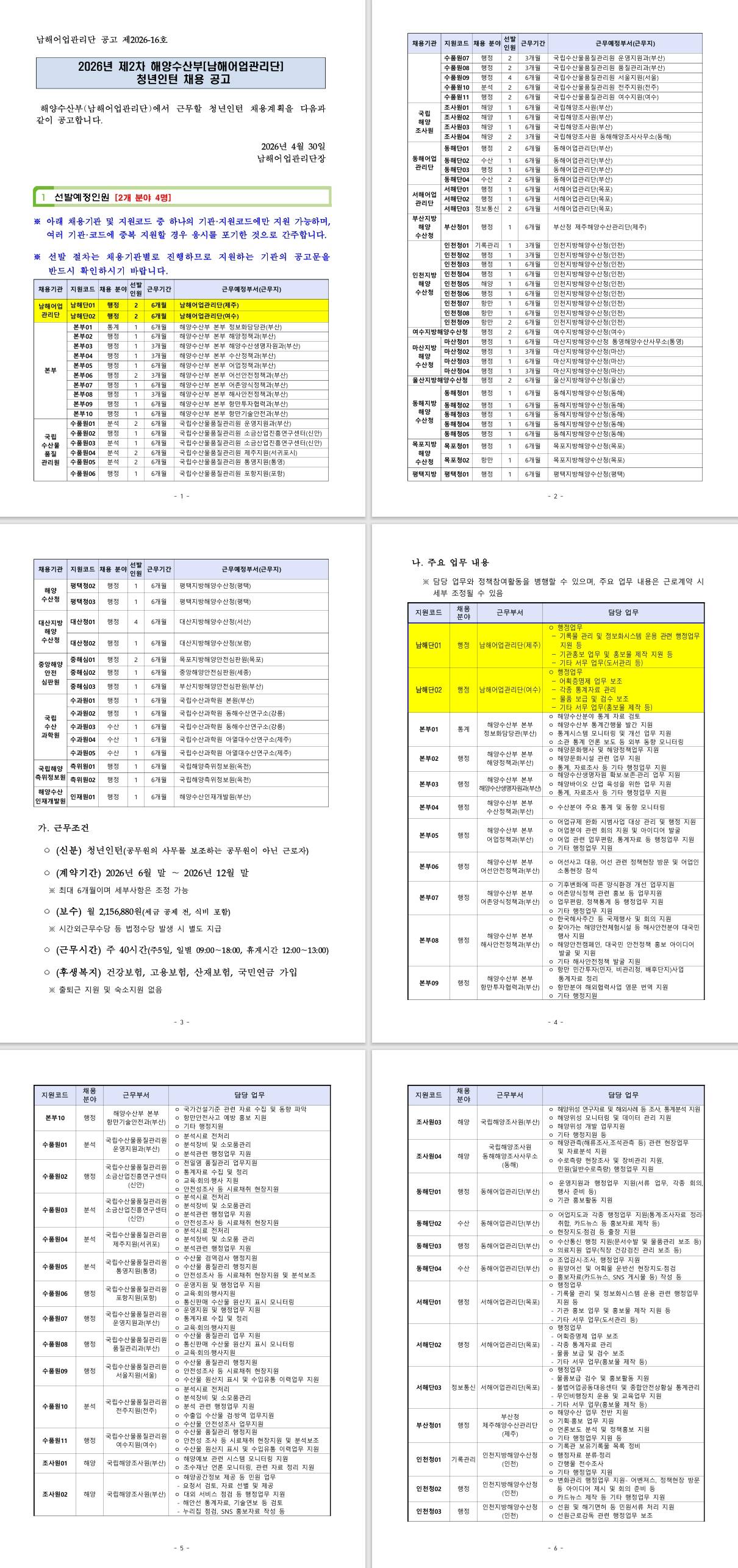[남해어업관리단] 2026년 제2차 해양수산부(남해어업관리단) 청년인턴 채용 공고