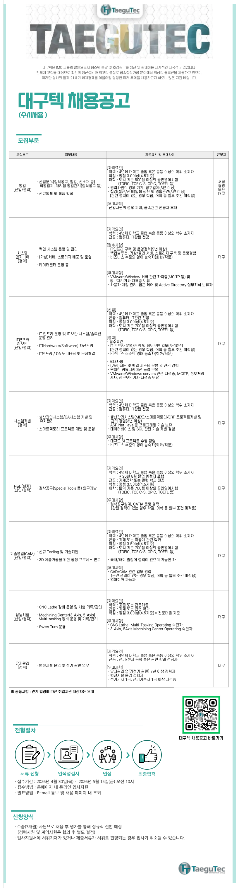 [대구텍] 각 부문별 신입 및 경력 수시채용 (~05/15)