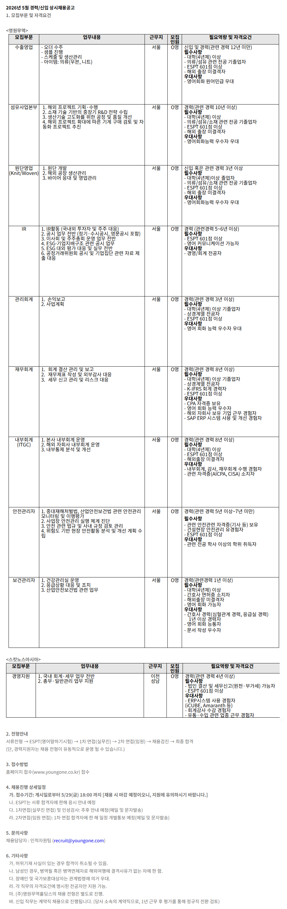 [영원무역] 2026년 5월 각 부문별 신입 및 경력 채용 (~05/29)
