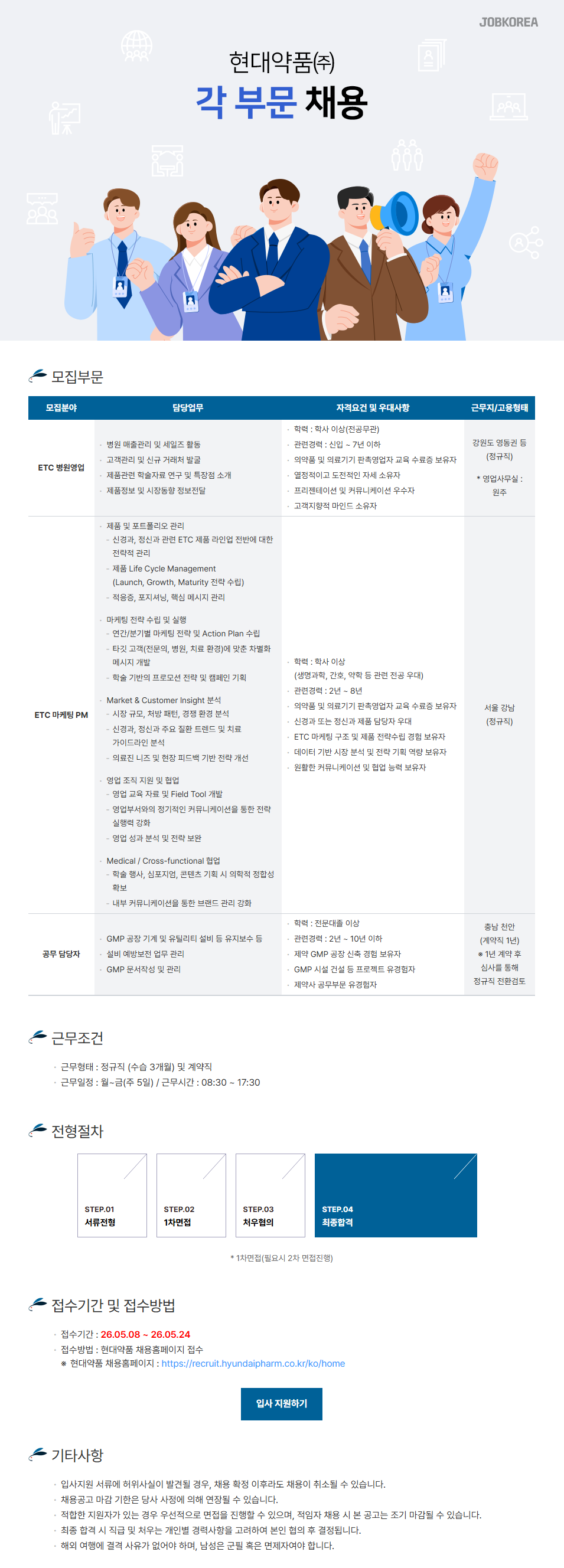 [현대약품] 각 부문별 신입 및 경력 채용 (~05/24)