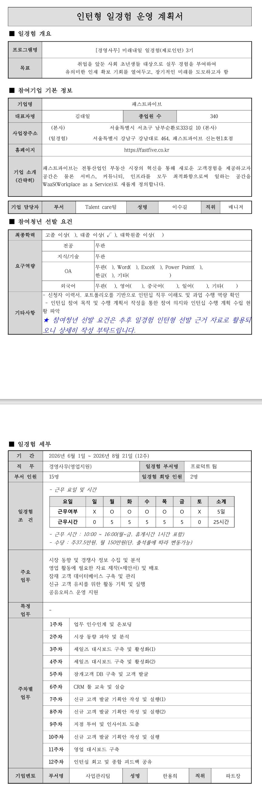 [패스트파이브] 미래내일 일경험 (제로인턴) 3기 - 경영사무(영업지원)
