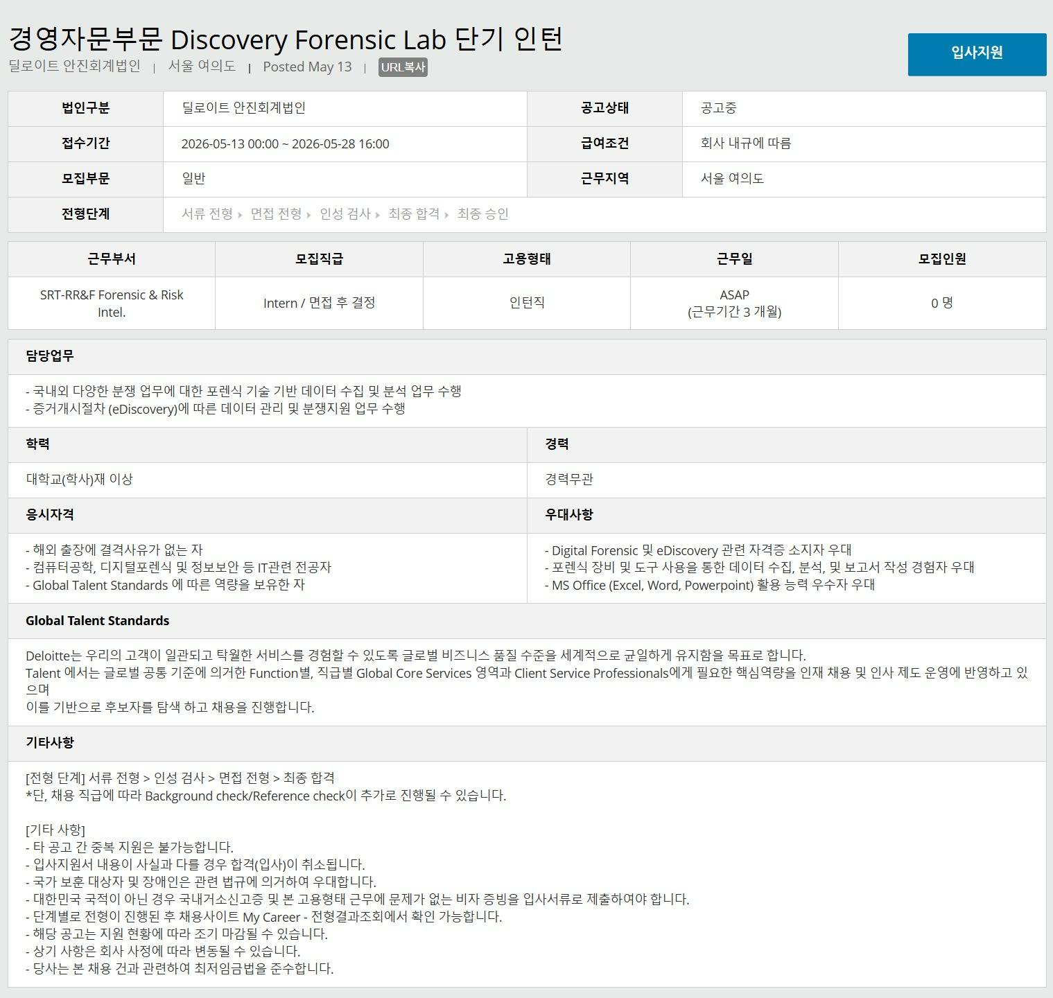 [Deloitte 안진회계법인] 경영자문부문 Discovery Forensic Lab 단기 인턴