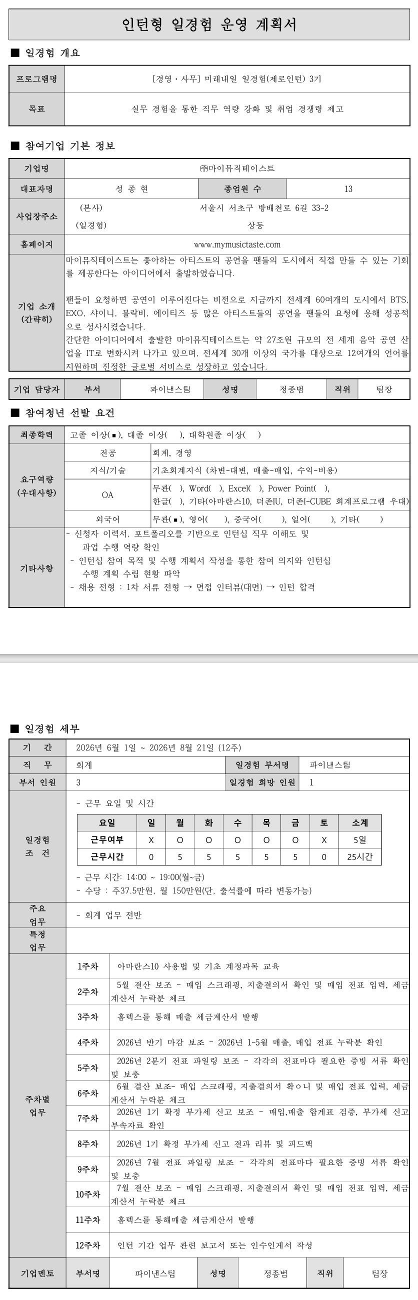[마이뮤직테이스트] 미래내일 일경험 (제로인턴) 3기 - 경영사무