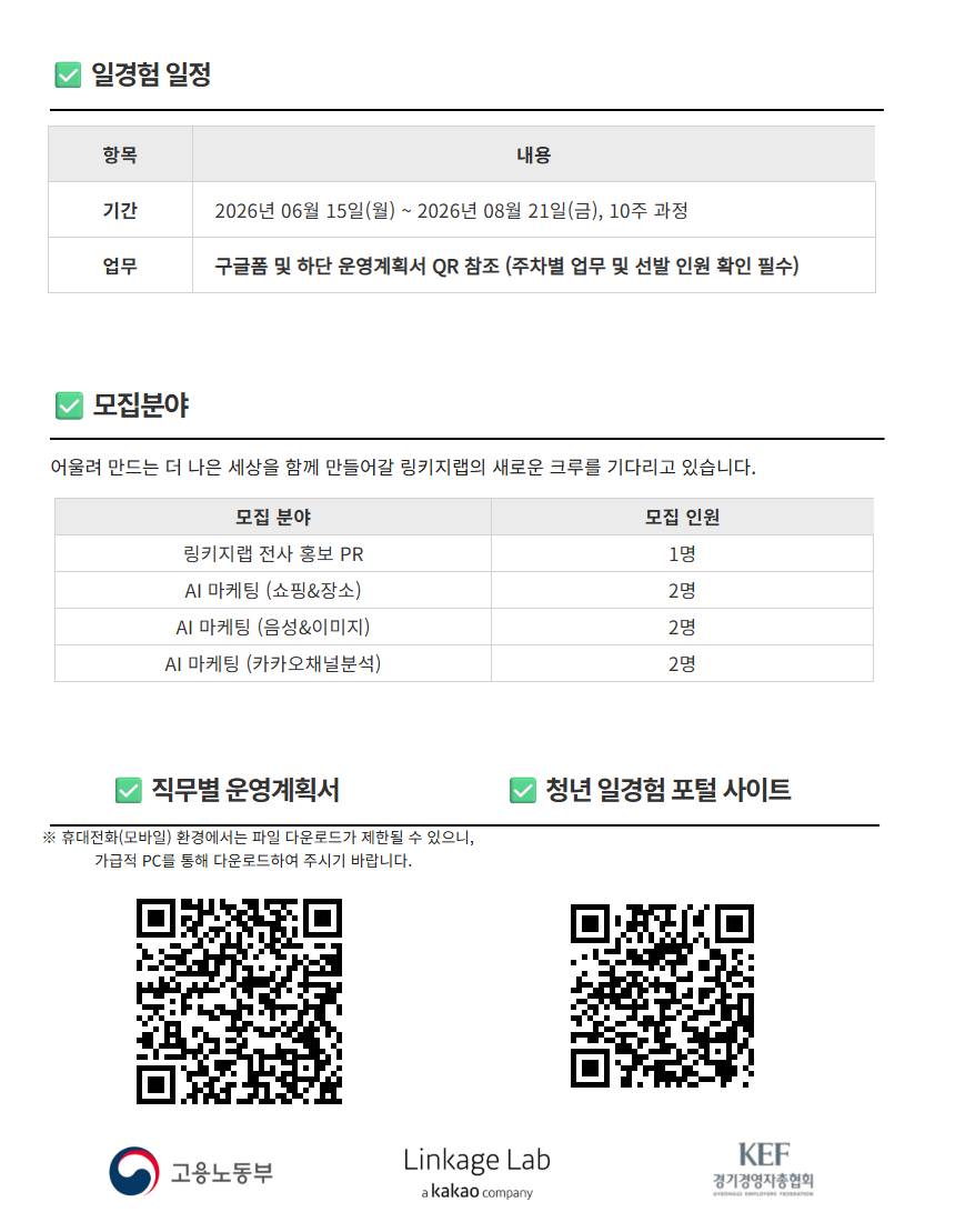 [카카오 계열사 링키지랩] 2026 일경험 인턴 모집(2차)