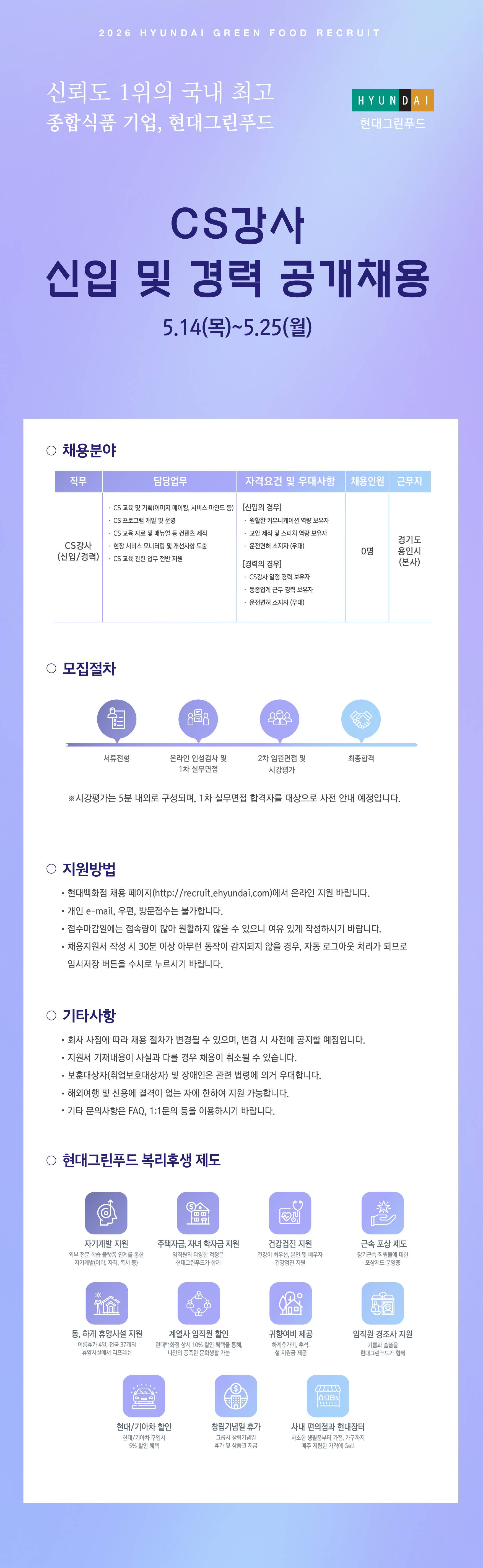 [현대그린푸드] CS강사 신입 및 경력 공개채용
