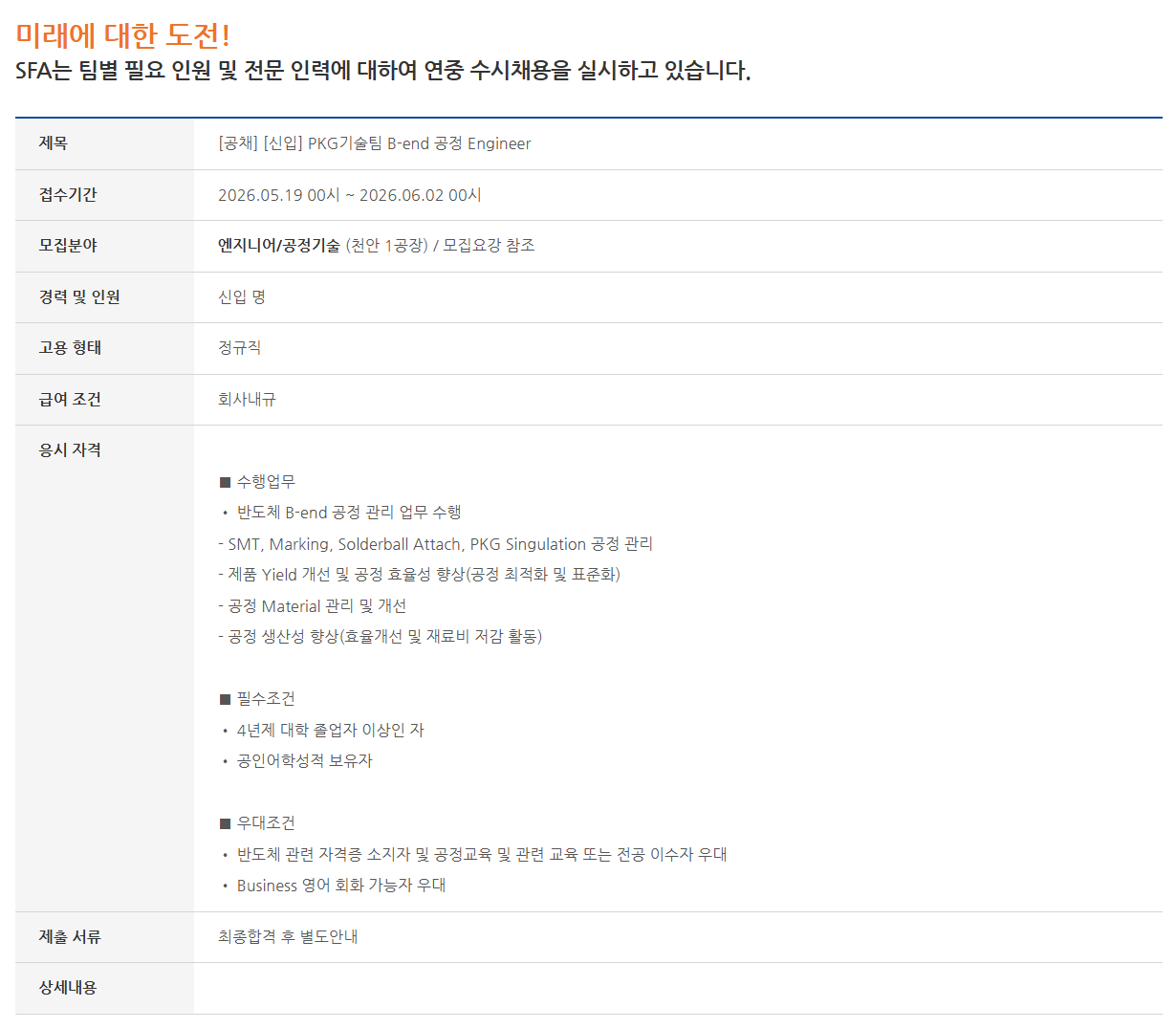 [SFA반도체] [공채] [신입] PKG기술팀 B-end 공정 Engineer